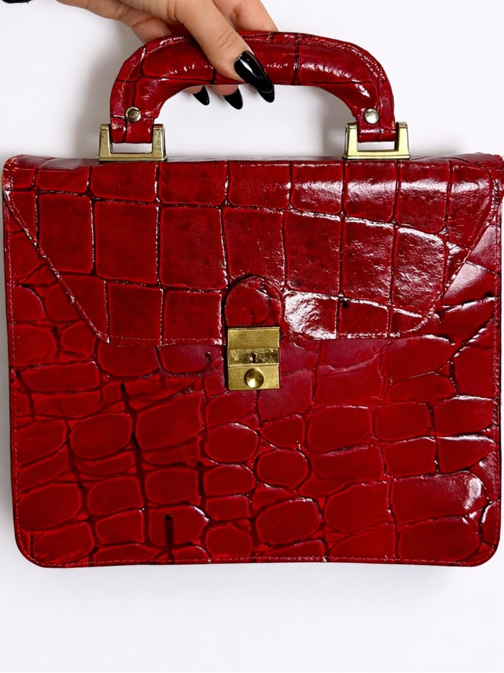 Red Croc-Embossed Patent Satchel Handbag